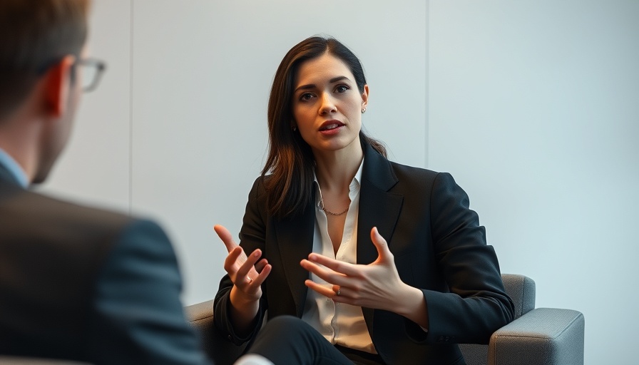 Confident businesswoman discusses health tech leadership changes.