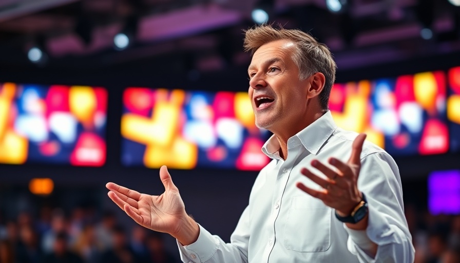 Enthusiastic speaker gesturing at a tech conference with vibrant LED screens.