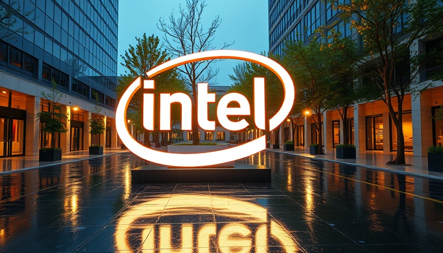 Illuminated Intel logo at modern courtyard reflecting on wet pavement; Trump's Intel Investment.