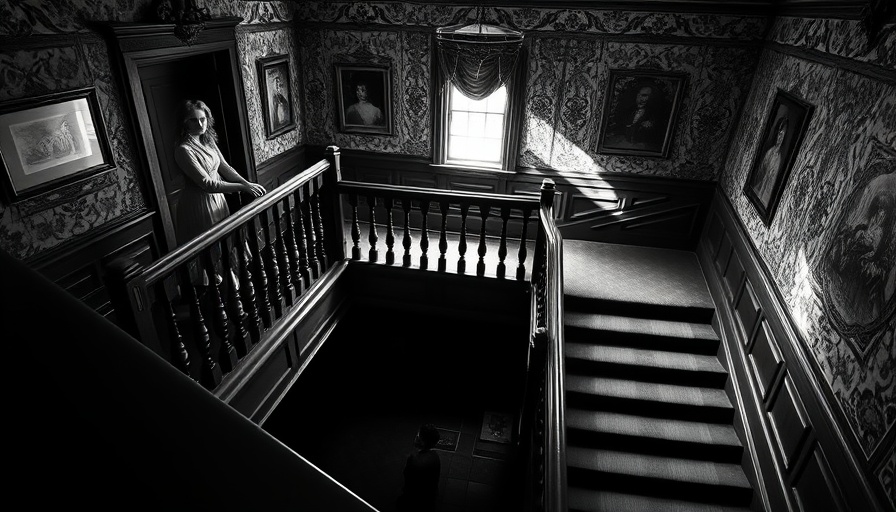 Man and woman in vintage staircase, cinematic shadows