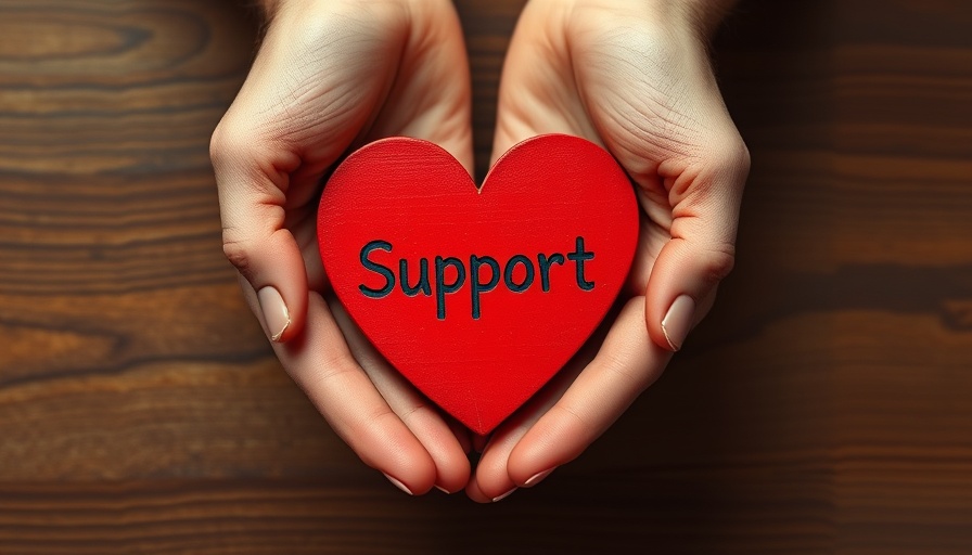 Hands holding a red heart labeled 'Support', symbolizing care.