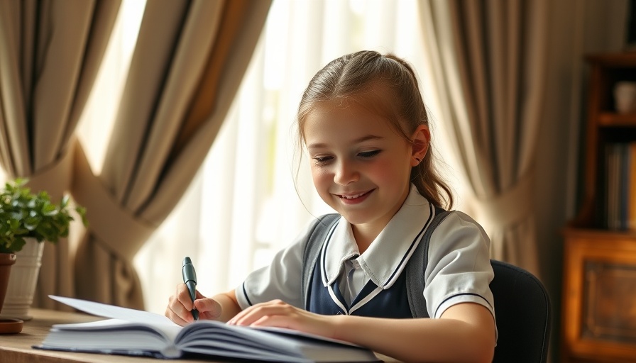 Smiling girl doing homework at a table, helping ADHD and autistic children start tasks