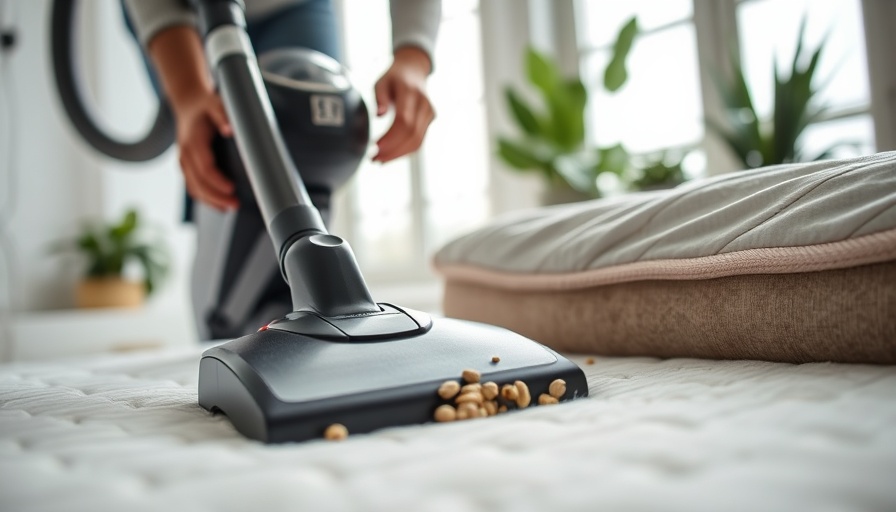Person vacuuming mattress to remove dust mites in bright room.