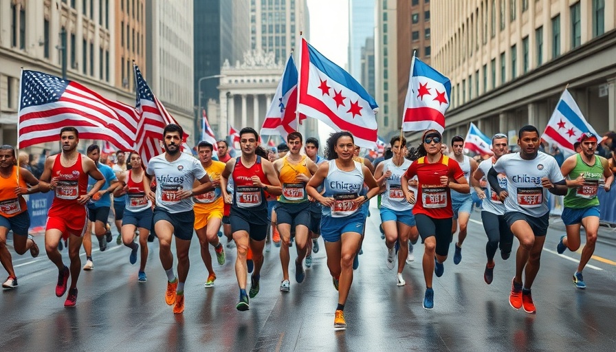 Runners in Chicago Marathon with flags, rainy day race.