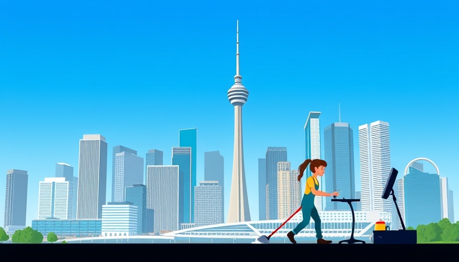 Comparing cleaning services costs in Calgary, skyline, animated cleaners.