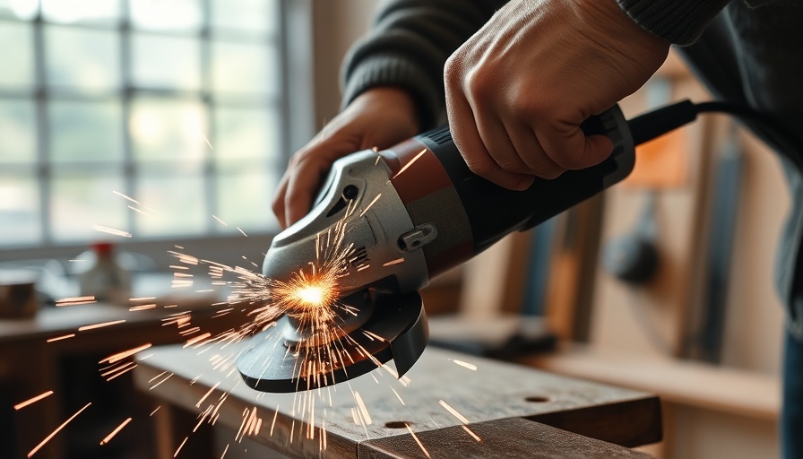 Person using angle grinder creating sparks in a workshop, close-up view.