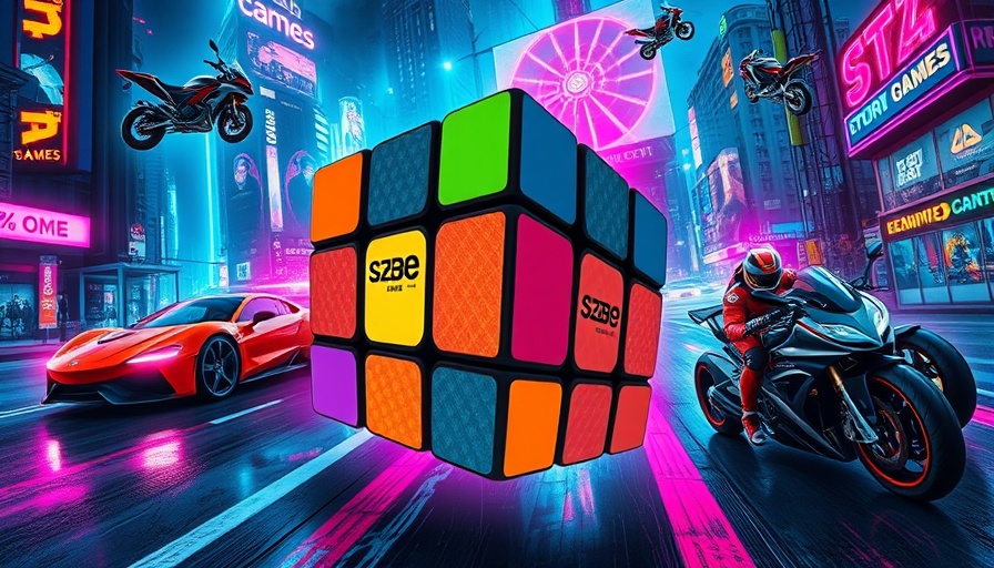 Unblocked games digital art with cars and Rubik's cube.