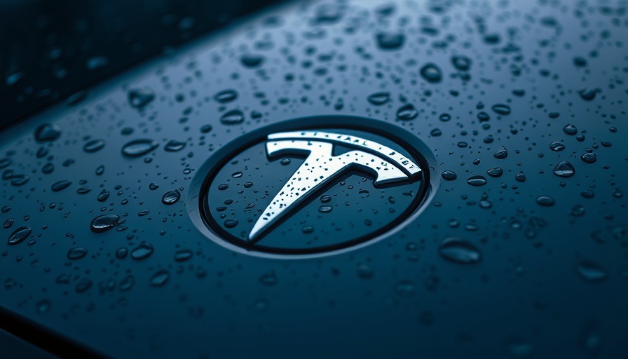 Tesla logo with raindrops, symbolizing self-driving safety concerns.