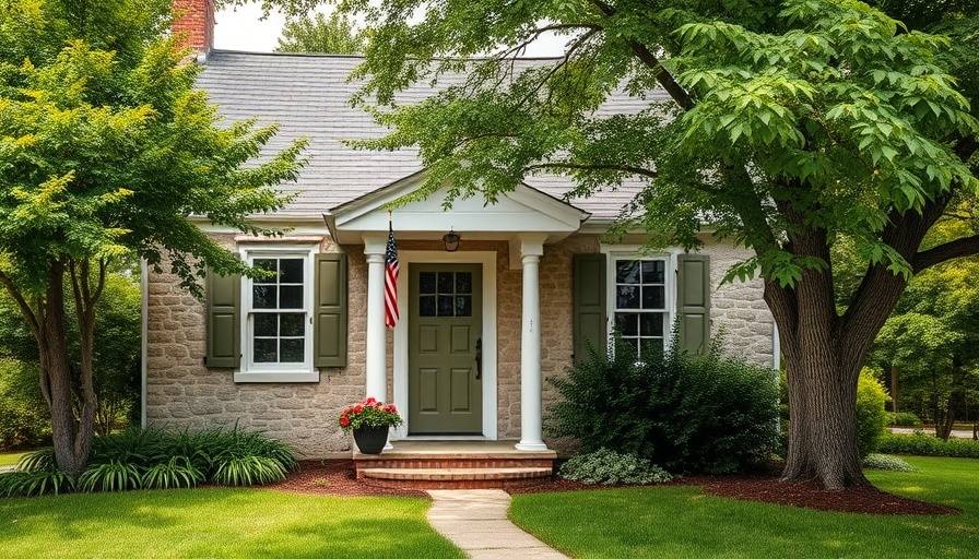 Charming cottage facade with olive-green front door and lush greenery.