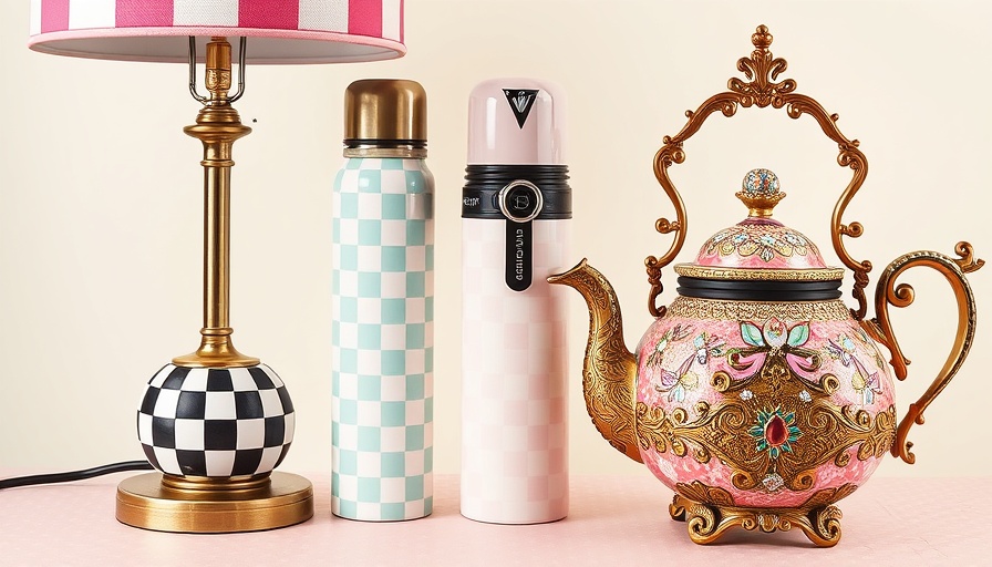 MacKenzie-Childs home decor items on sale: lamp, thermos, teapot.