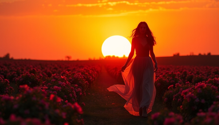 Woman walking towards sunrise in vibrant floral fields, Reclaiming the Me Who Felt Most Alive.