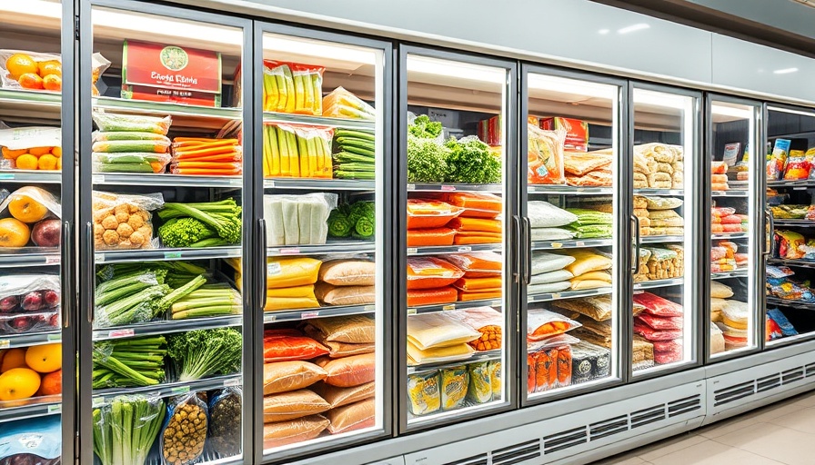 Variety of frozen vegetables in a supermarket freezer.