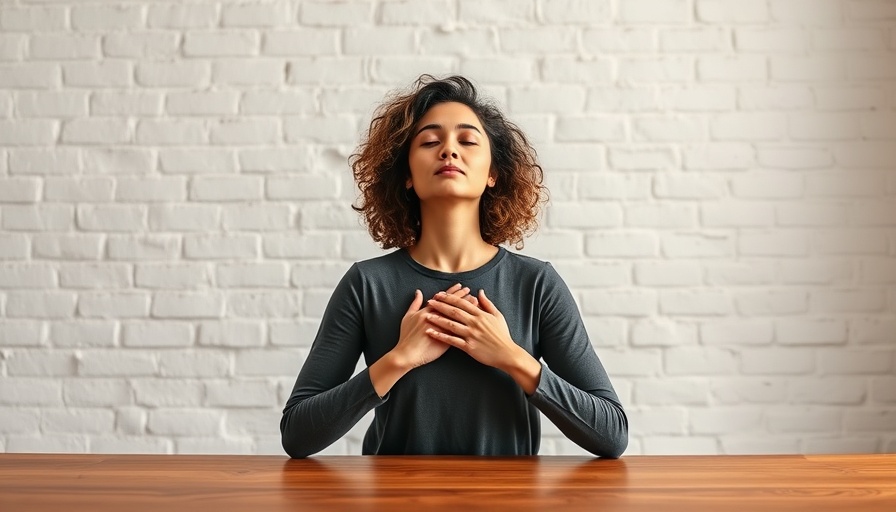 Mindful woman with hands on chest, practicing emotional calmness.