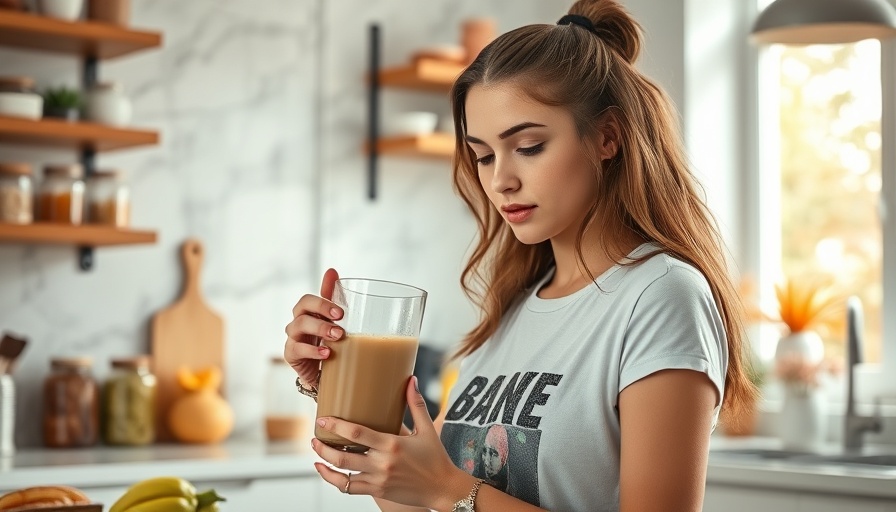 Young woman preparing protein shake in bright modern kitchen.