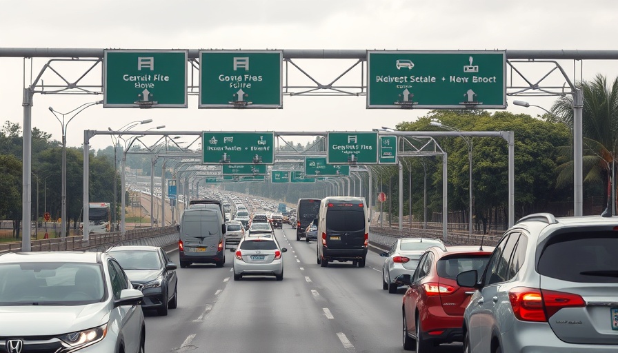 Busy highway with signage and vehicles heading towards exits.