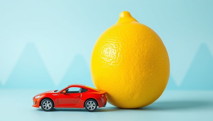 Large lemon and tiny red toy car symbolizing lemon laws on blue background.