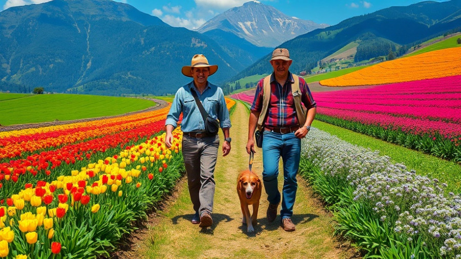 Farmers in a picturesque landscape discussing sustainable sourcing.