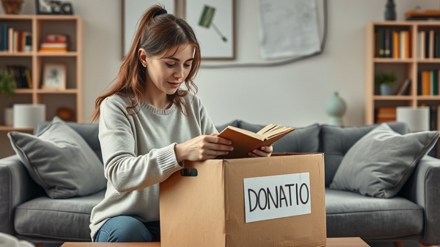 Woman organizing books into a donation box in a cozy living room.