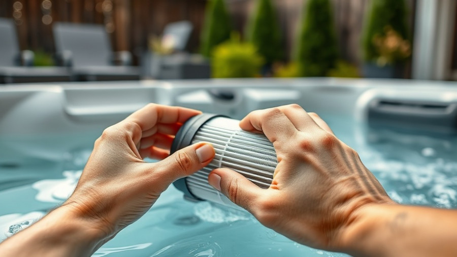 Hand cleaning hot tub filter, winterizing process in backyard.