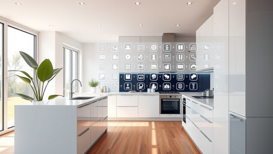 Futuristic smart home interface in a modern kitchen, 2026 vision.
