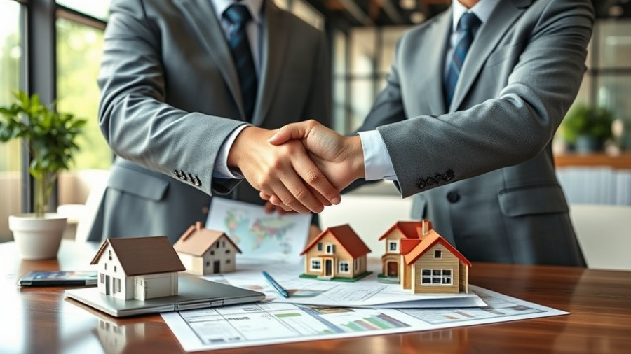 Foreign Real Estate Investment handshake over house models in office.