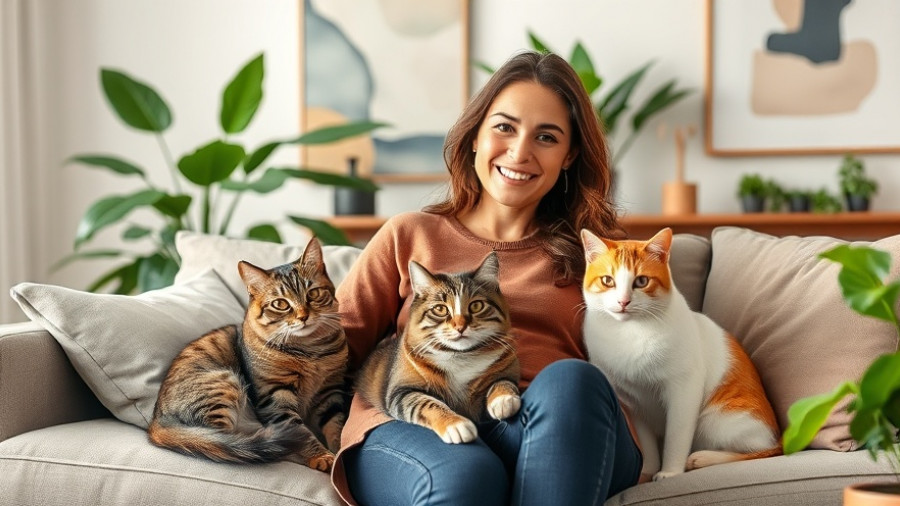 Woman with cats on sofa in modern room discussing how to get rid of cat allergies.