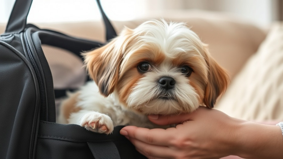 Fluffy Shih Tzu in carrier with person holding, comforting indoor scene.
