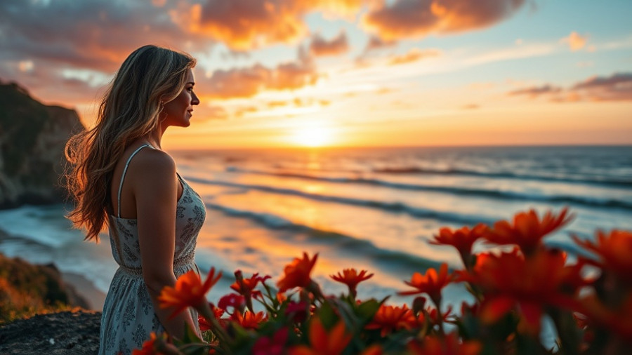 Serene woman embracing vulnerability in strength by the ocean at sunset.