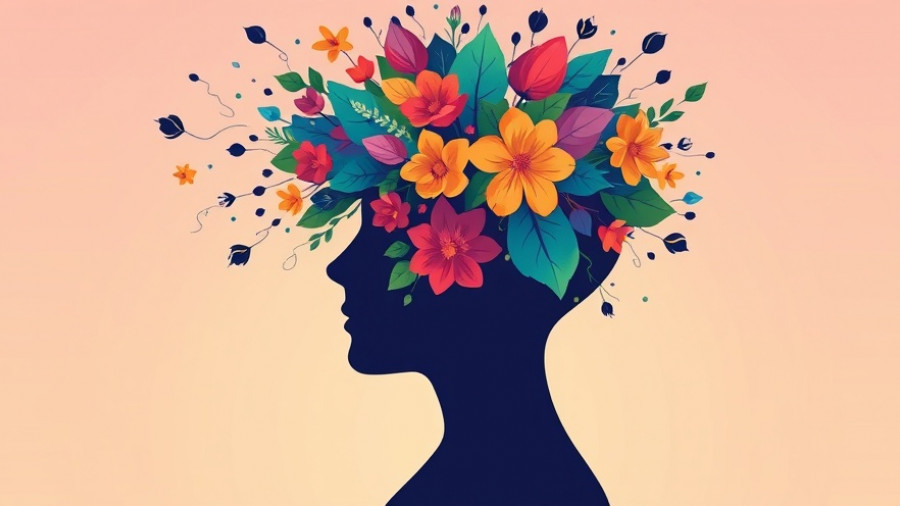 Abstract human silhouette with colorful plants representing mindfulness and curiosity practice.