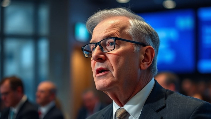 Older man in a suit discussing climate change strategy at a formal event.