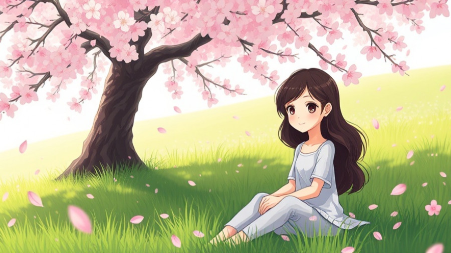Woman under cherry blossom tree, depicting lonely ache of self-worth.