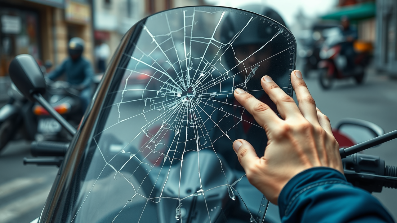 close-up cracked windscreen, technician assessing damage need for windshield replacement