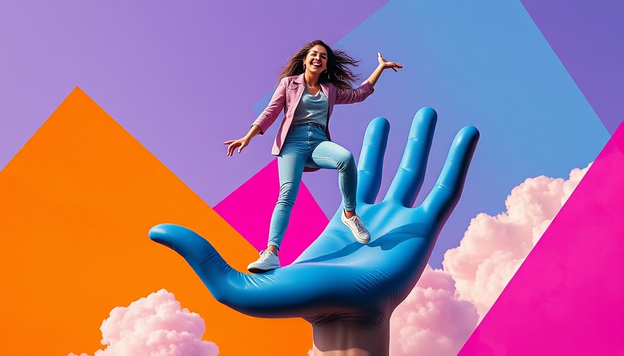 Surreal collage of joy, woman on giant hand, following joy theme.