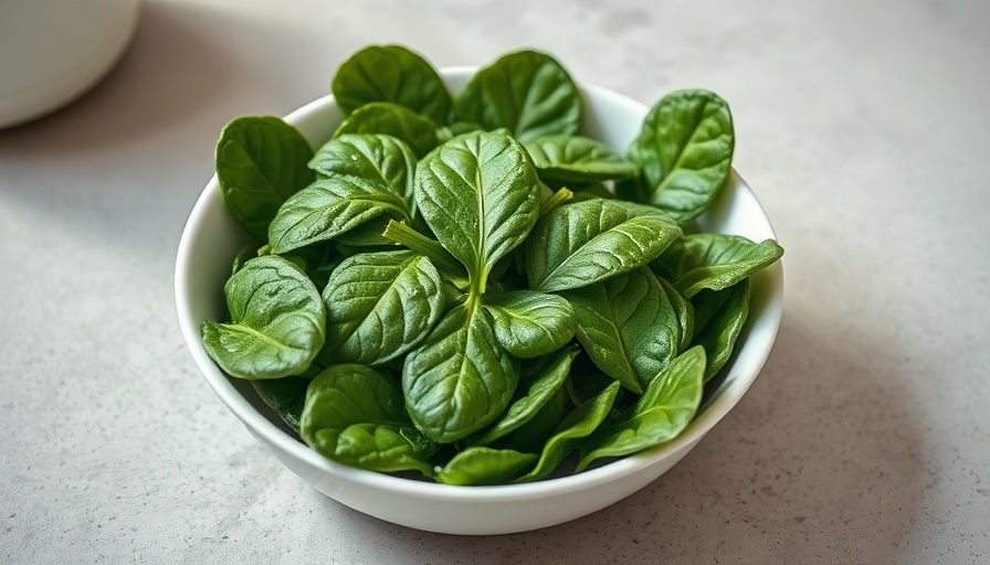 Dewy spinach leaves in white bowl on concrete surface.