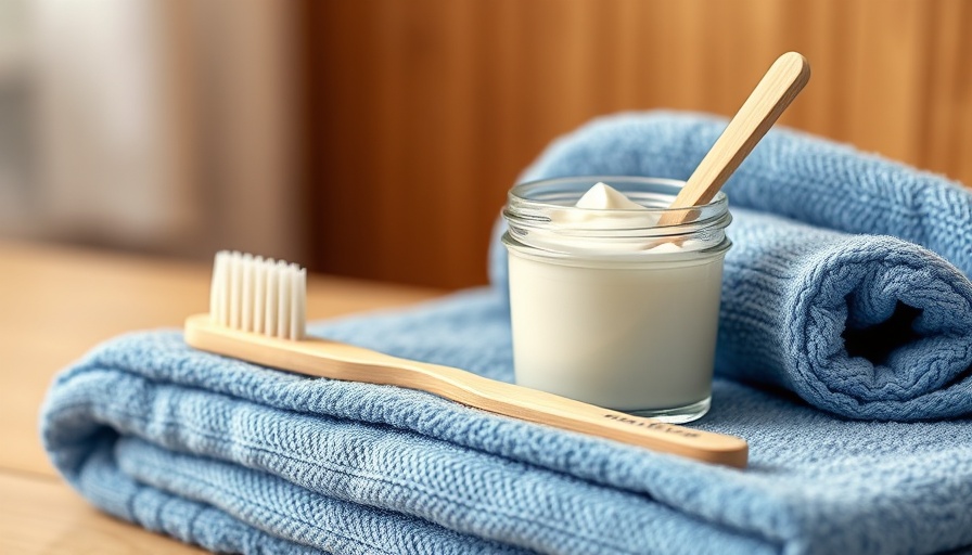 Bamboo toothbrush with homemade toothpaste on blue towels.