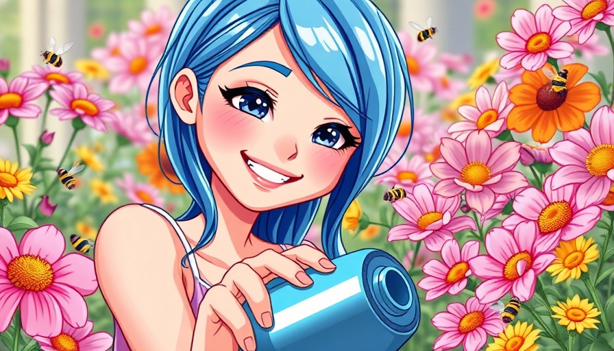 Cheerful woman watering garden flowers, vibrant cartoon style.