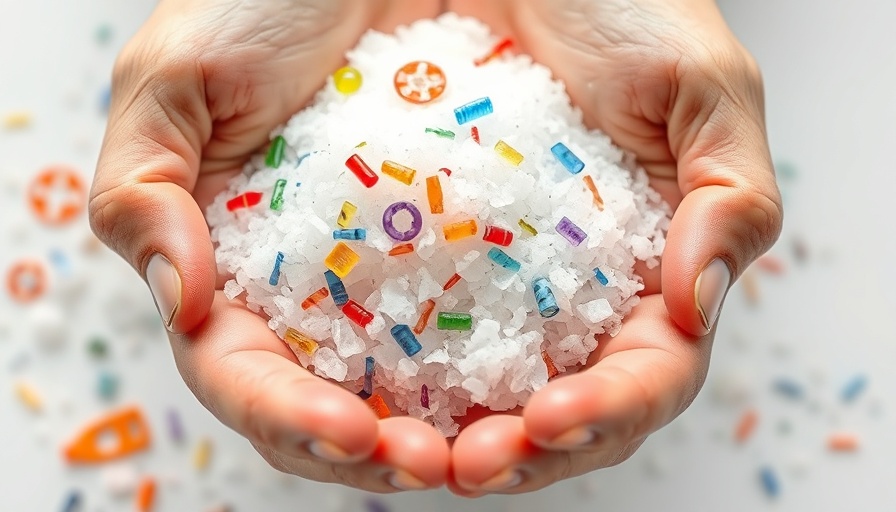 Hands holding salt mixed with microplastic fragments, highlighting microplastics in salt.