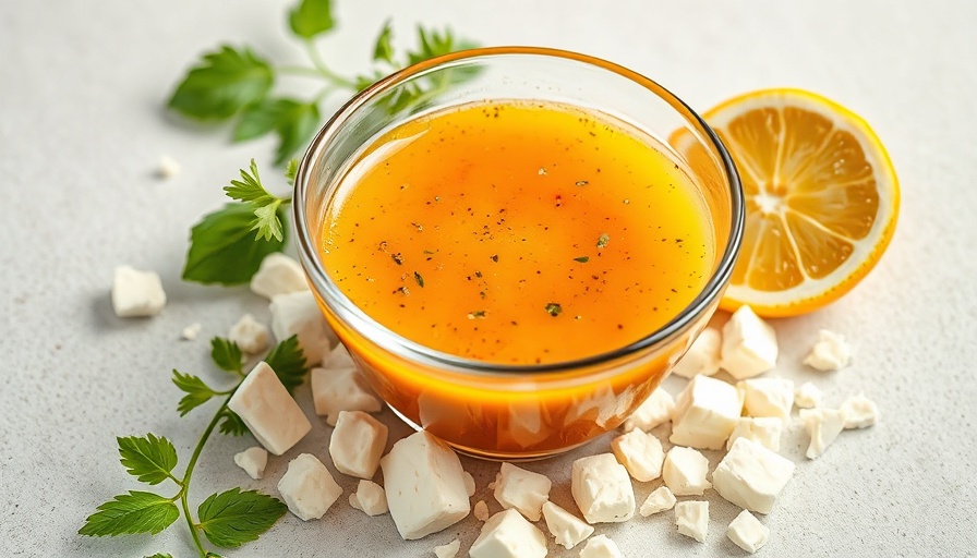 Greek salad dressing with feta and lemon on light surface.