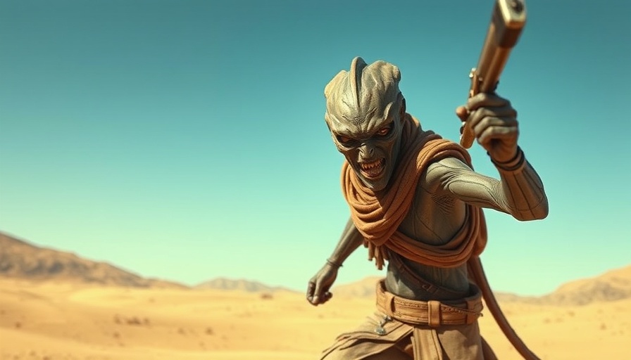 Dynamic alien warrior in a desert setting showcasing personal growth.