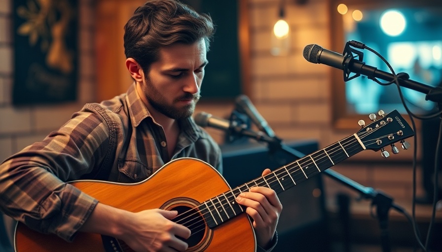 Casual musician playing guitar in cozy studio, Growth over Comfort theme.