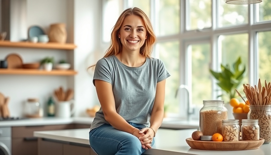 Woman promoting a balanced diet in a bright kitchen setting.