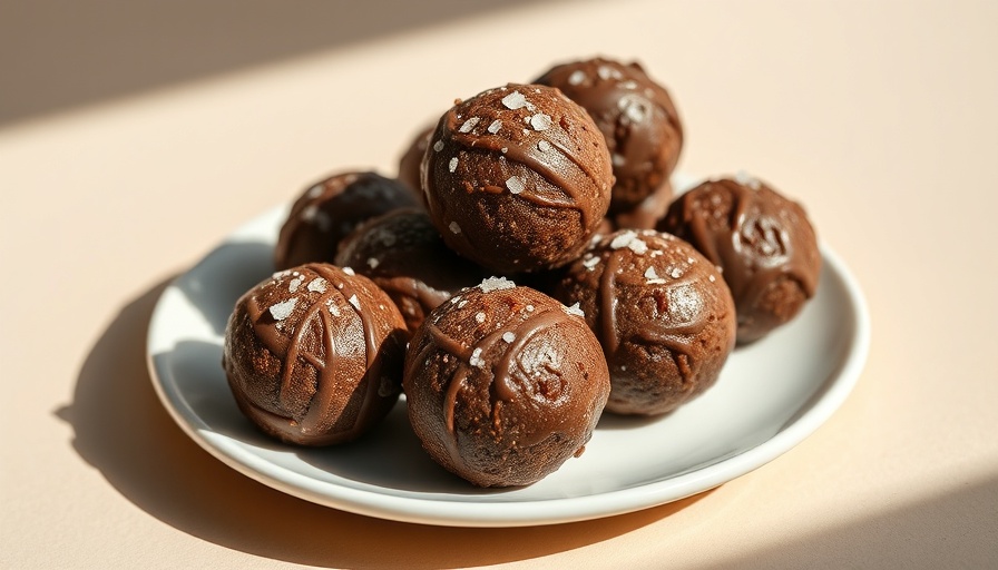 Chocolate energy balls on a white plate with soft beige background.