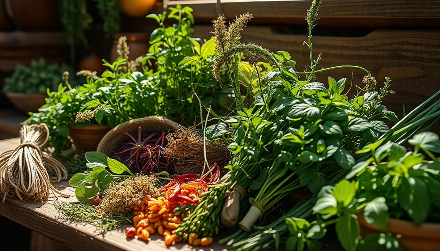 Herbalism herbs artfully arranged in a rustic setting.
