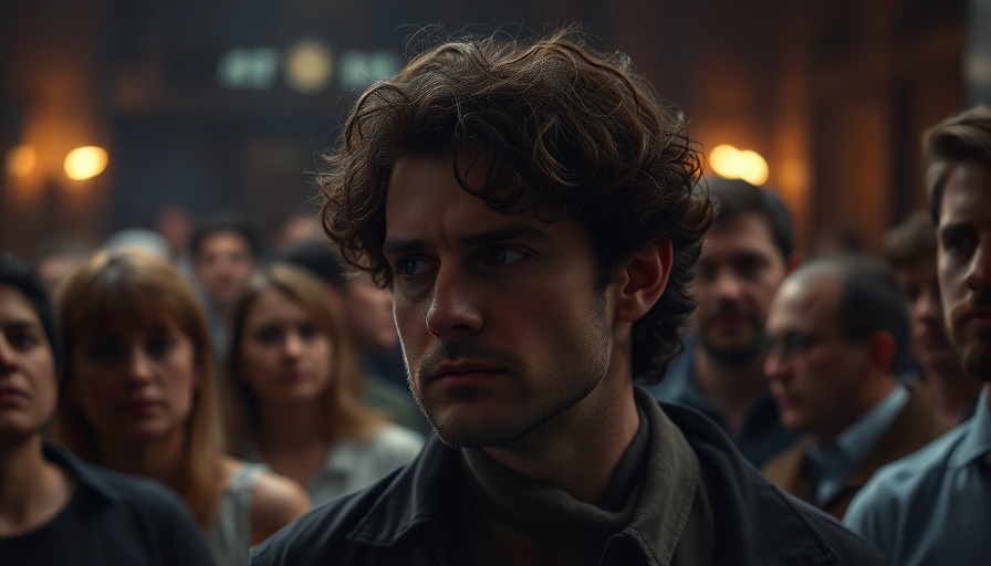 Contemplative man surrounded by concerned individuals, reflecting deeply.