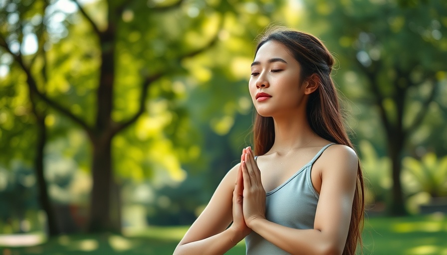 Health and wellness: Woman meditating in a sunny park.