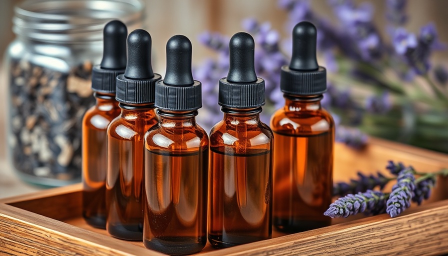 Amber bottles of herbal tinctures on a tray with herbs.