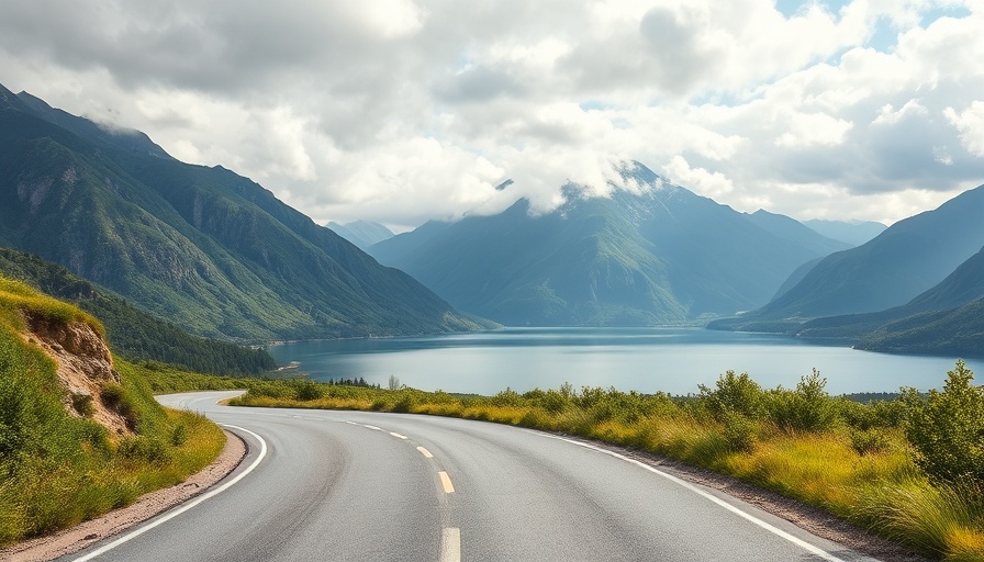 Scenic mountain road with lake and mountains reflecting everyday beauty.