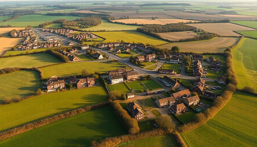 Aerial view of English farmland conversion with residential development.