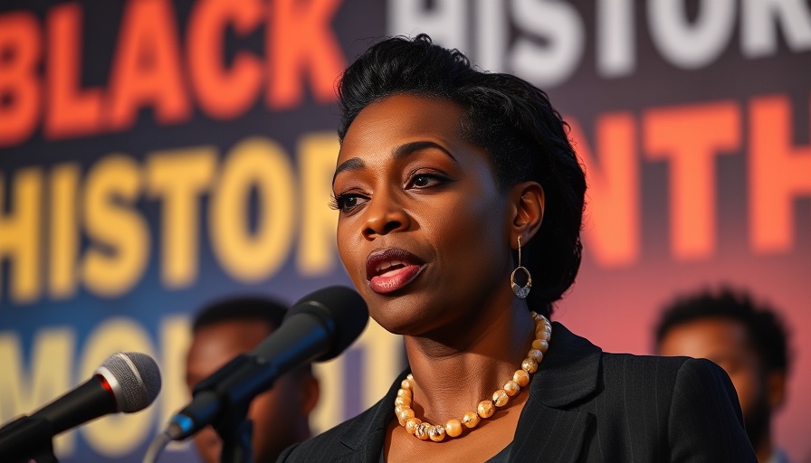 Woman speaking at Black History Month celebration, vibrant backdrop.