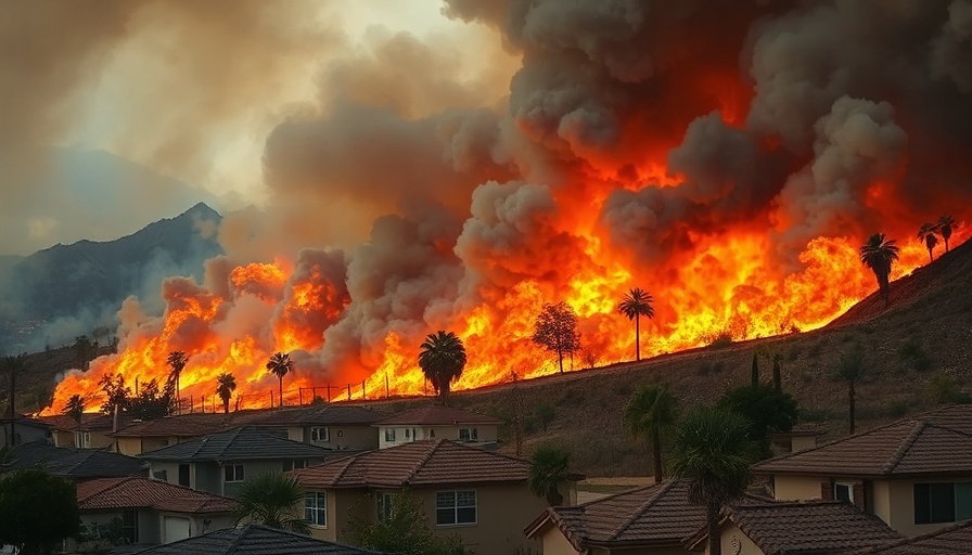 Wildfire approaching suburban homes with thick smoke plume, fire weather